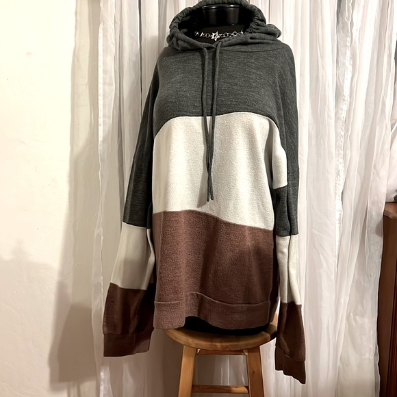 Beeson River Tops - Pullover Hoodie Sweater By Beeson River/Brown Cream & Army Green Stripes size